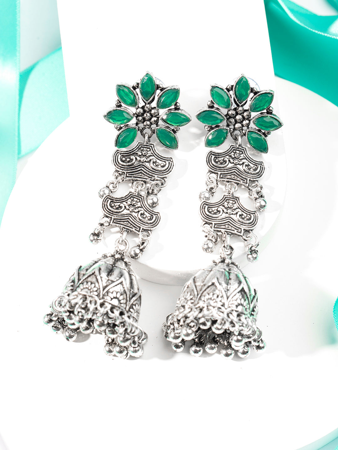 Priyaasi Oxidised Green Stone Studded Floral Jhumka Earrings