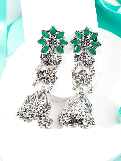 Priyaasi Oxidised Green Stone Studded Floral Jhumka Earrings