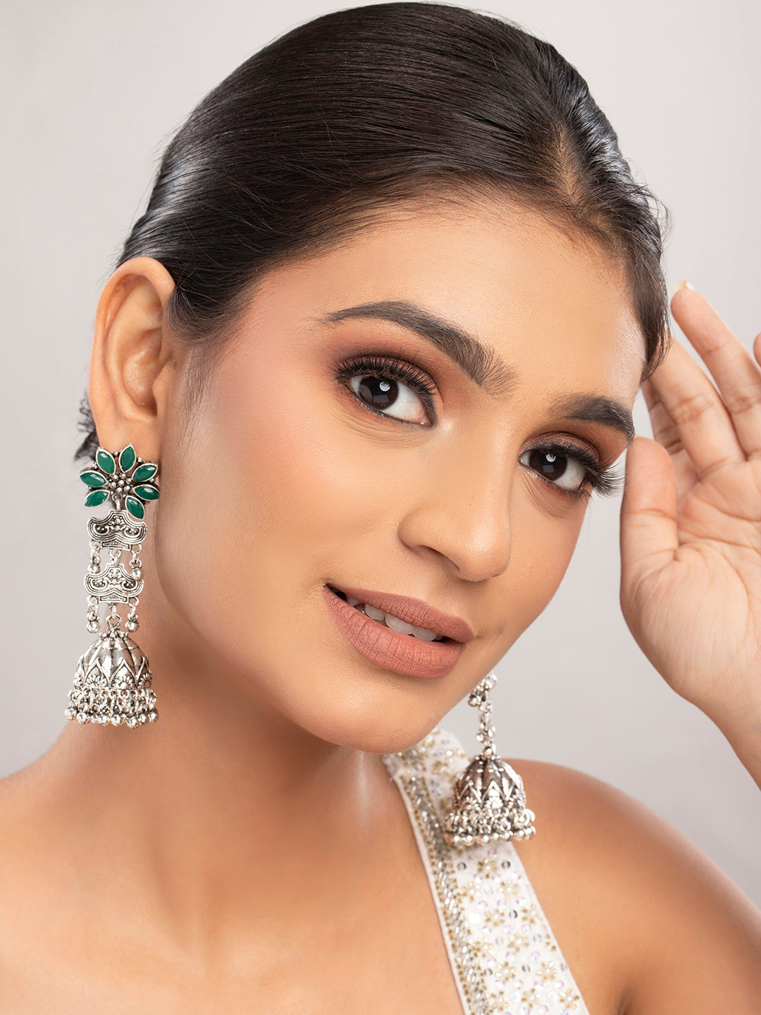 Priyaasi Oxidised Green Stone Studded Floral Jhumka Earrings