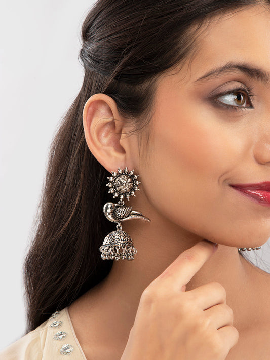 Priyaasi Oxidised Peacock Silver Plated Jhumka Earrings