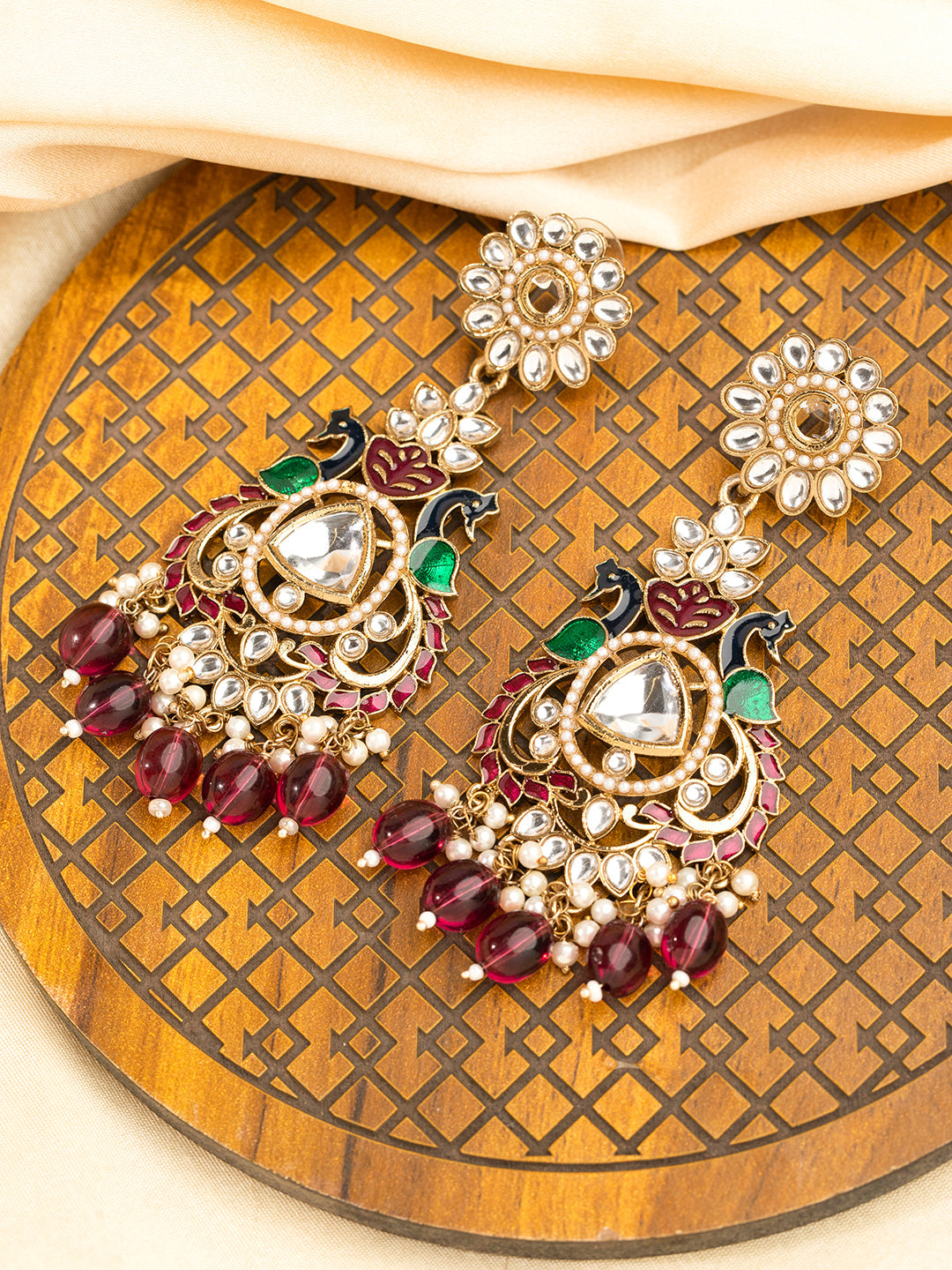 Priyaasi Green Stone Studded Gold Plated Kundan Drop Earrings