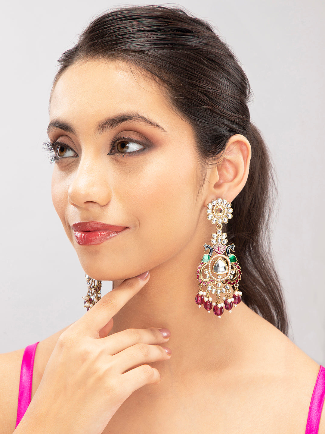Priyaasi Green Stone Studded Gold Plated Kundan Drop Earrings