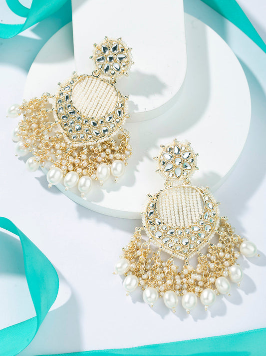 Priyaasi White Beaded Gold Plated Floral Kundan Drop Earrings