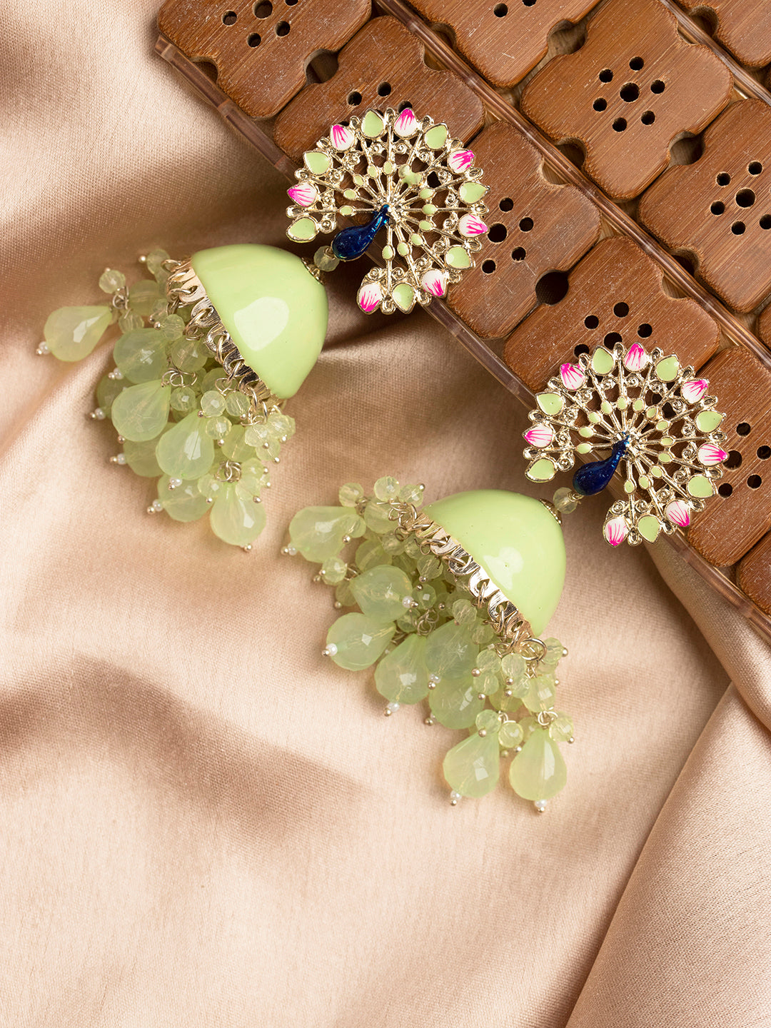 Priyaasi Green Crystal Peacock Shaped Meenakari Jhumka Earrings