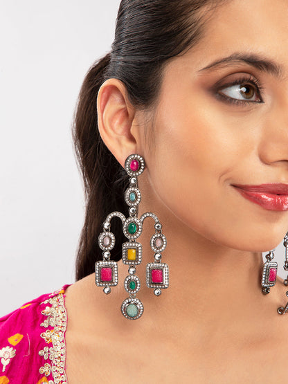Priyaasi Multi Coloured Stone Studded Chandelier Drop Earrings