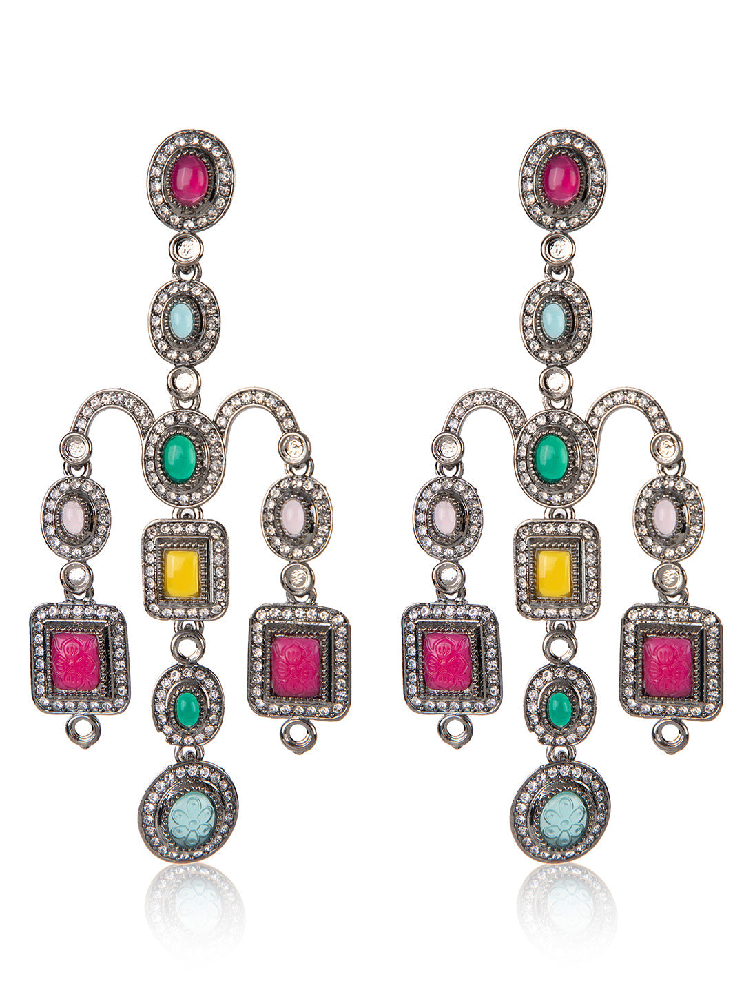 Priyaasi Multi Coloured Stone Studded Chandelier Drop Earrings