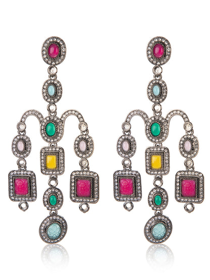Priyaasi Multi Coloured Stone Studded Chandelier Drop Earrings