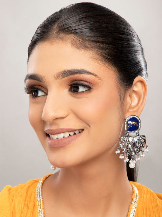 Priyaasi Blue Silver Plated Stone Studded Drop Earrings