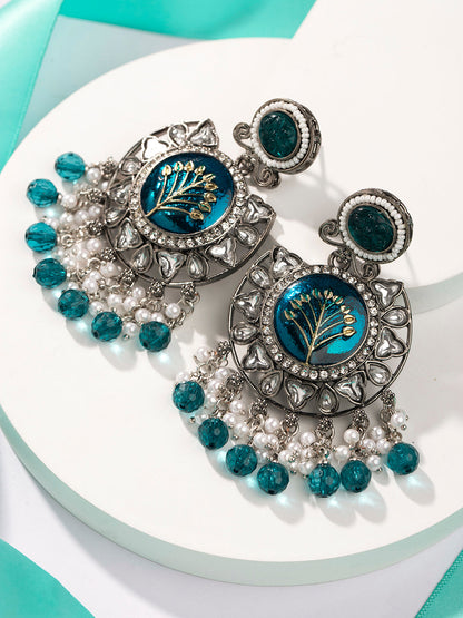 Priyaasi Blue Floral Silver Plated Stone Studded Chandbali