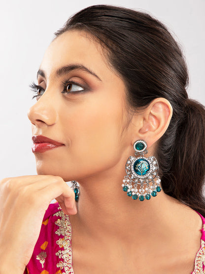 Priyaasi Blue Floral Silver Plated Stone Studded Chandbali