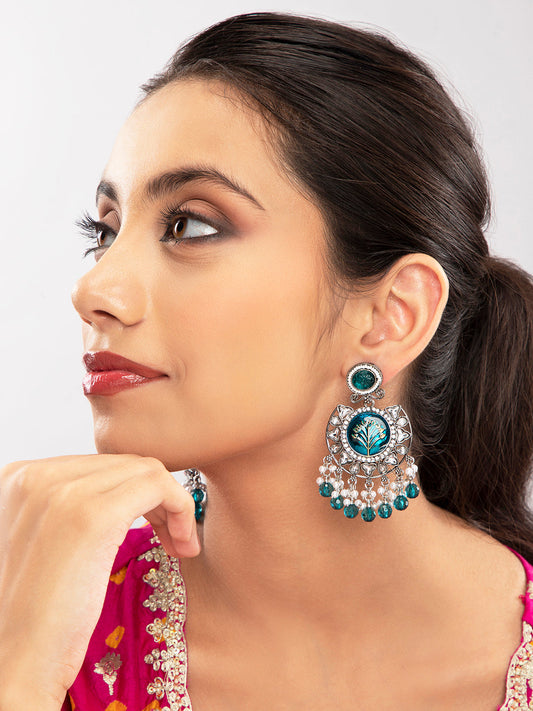 Priyaasi Blue Floral Silver Plated Stone Studded Chandbali