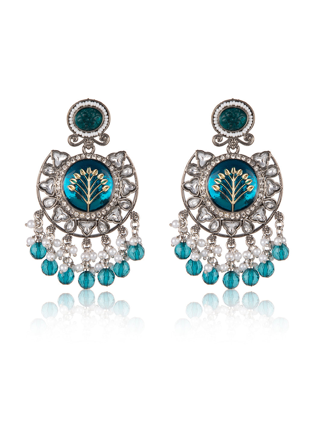 Priyaasi Blue Floral Silver Plated Stone Studded Chandbali