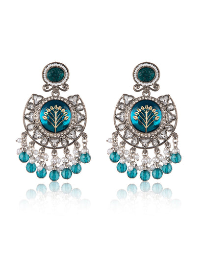 Priyaasi Blue Floral Silver Plated Stone Studded Chandbali
