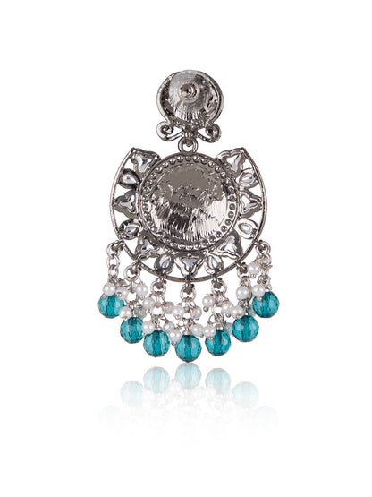 Priyaasi Blue Floral Silver Plated Stone Studded Chandbali