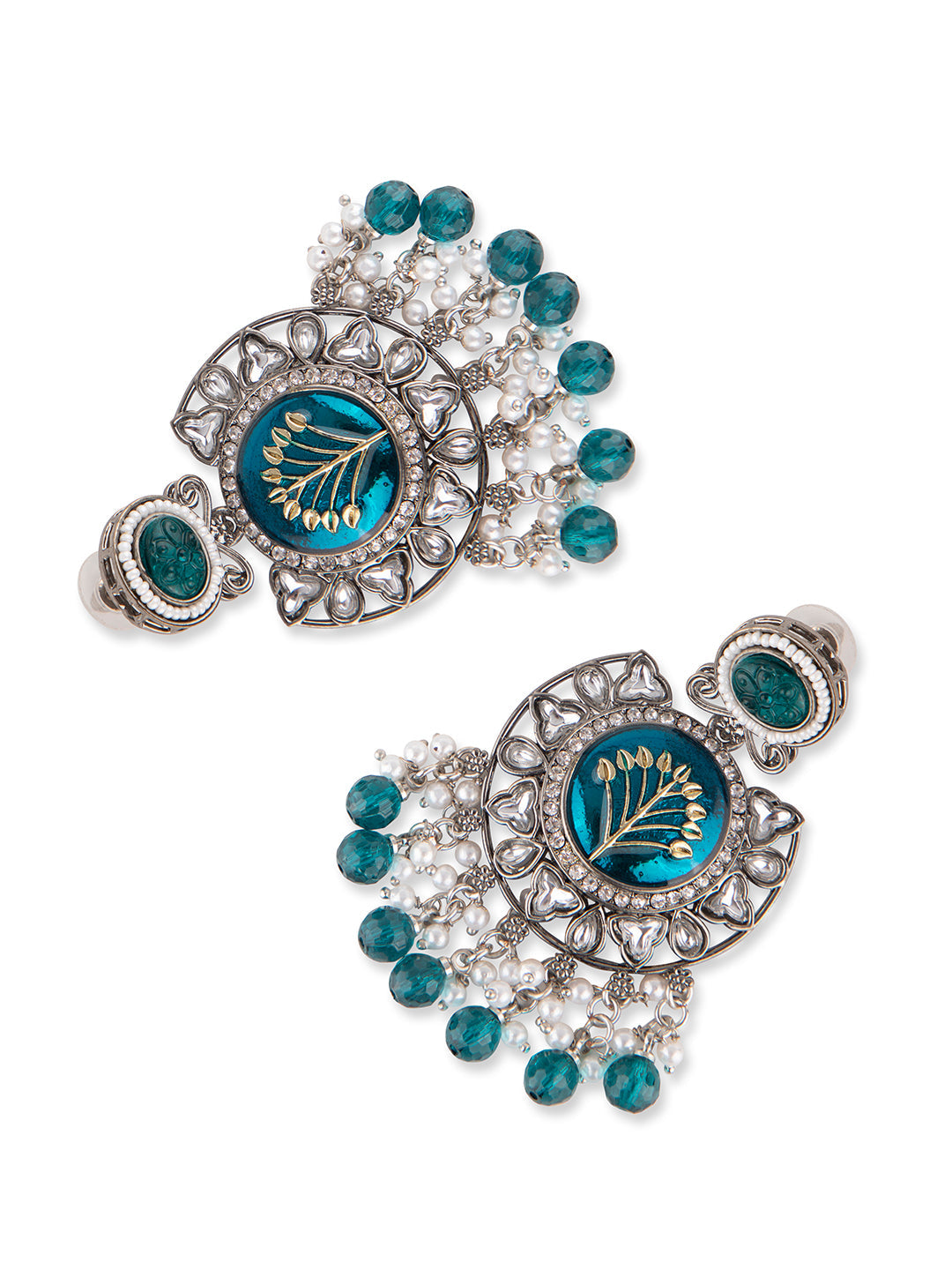 Priyaasi Blue Floral Silver Plated Stone Studded Chandbali
