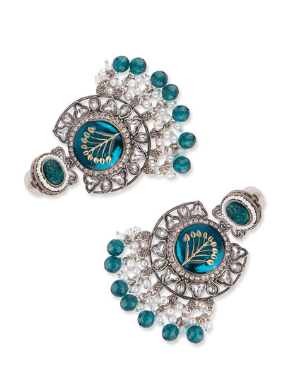 Priyaasi Blue Floral Silver Plated Stone Studded Chandbali