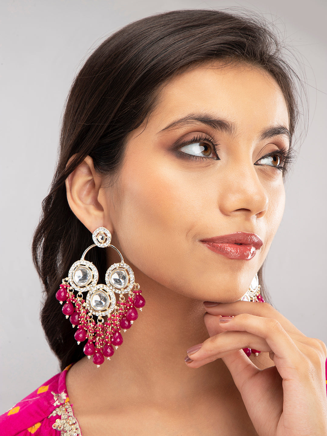 Priyaasi Magenta & Gold Plated Polki Drop Earrings