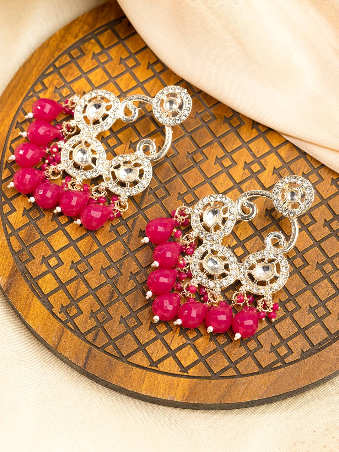 Priyaasi Gold Plated Magenta Beaded Drop Earrings