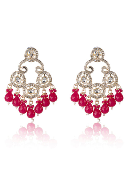 Priyaasi Gold Plated Magenta Beaded Drop Earrings