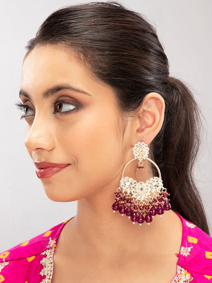 Priyaasi Gold Plated Kundan & Wine Beaded Drop Earrings