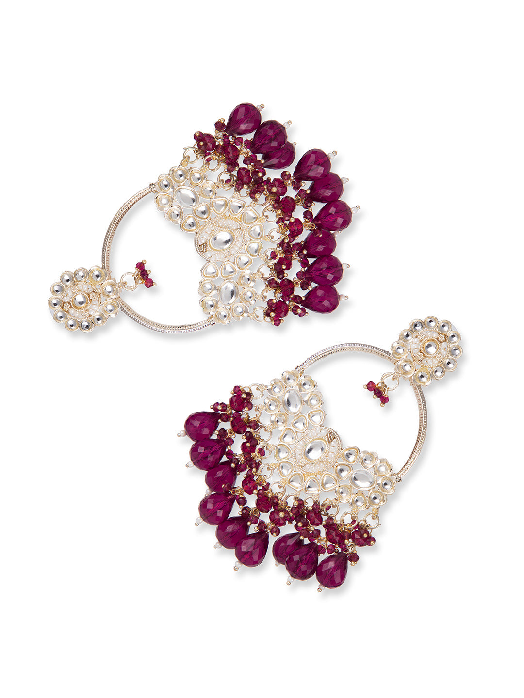 Priyaasi Gold Plated Kundan & Wine Beaded Drop Earrings