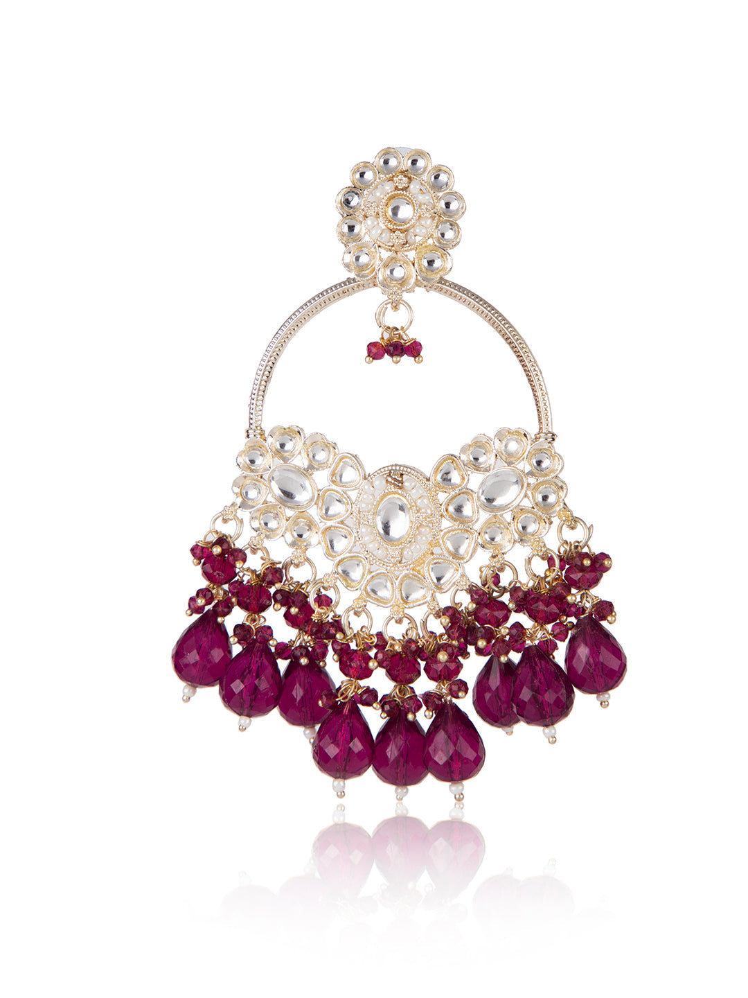 Priyaasi Gold Plated Kundan & Wine Beaded Drop Earrings
