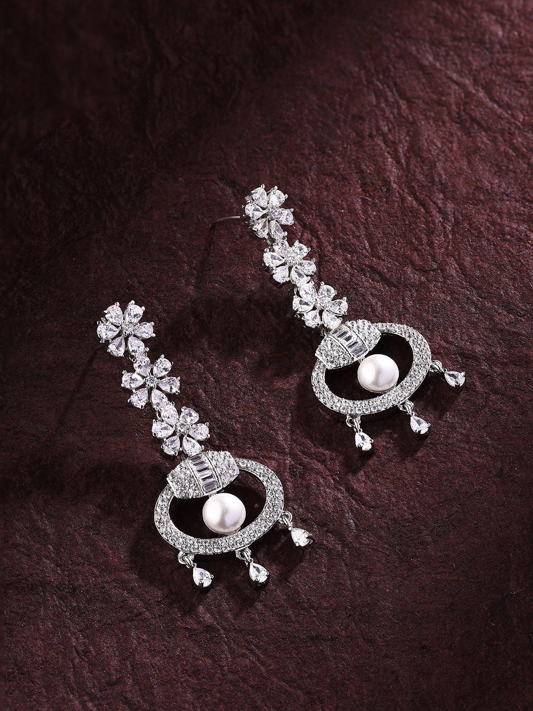 Priyaasi American Diamond and Pearl Adorned Silver-Plated Earrings