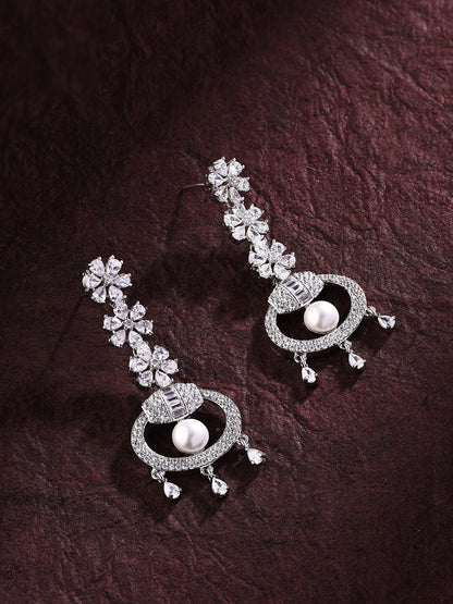 Priyaasi American Diamond and Pearl Adorned Silver-Plated Earrings