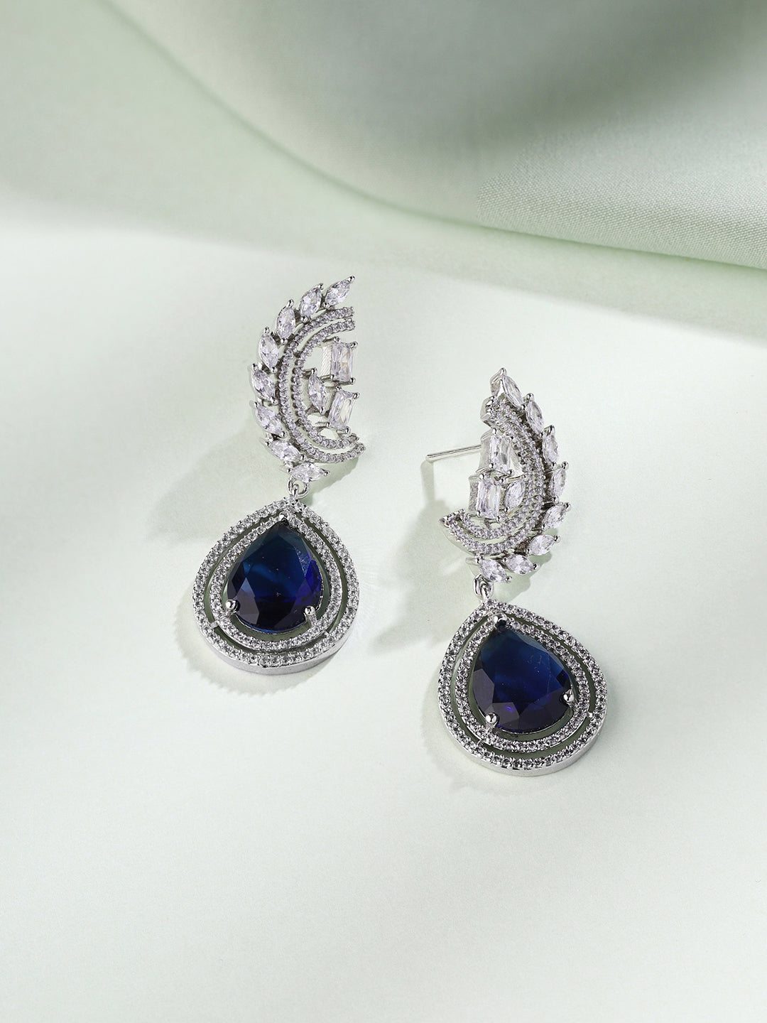 Priyaasi Silver-Plated American Diamond and Stunning Blue Diamond Earrings