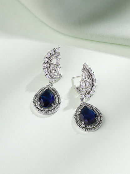 Priyaasi Silver-Plated American Diamond and Stunning Blue Diamond Earrings