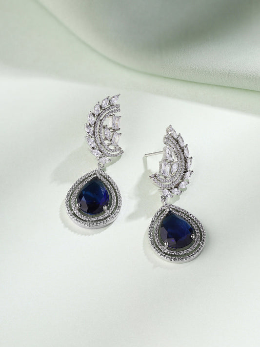 Priyaasi Silver-Plated American Diamond and Stunning Blue Diamond Earrings