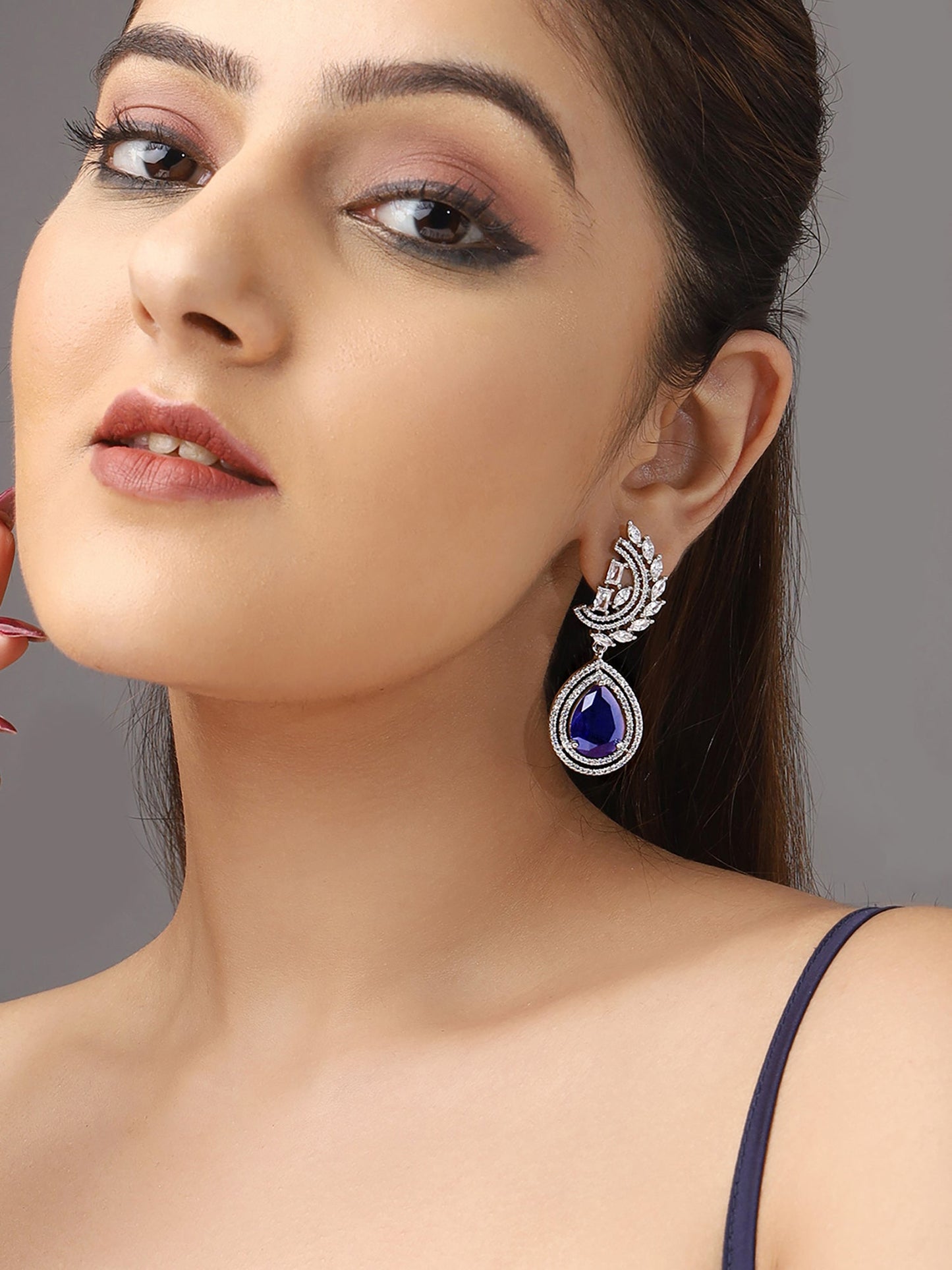 Priyaasi Silver-Plated American Diamond and Stunning Blue Diamond Earrings
