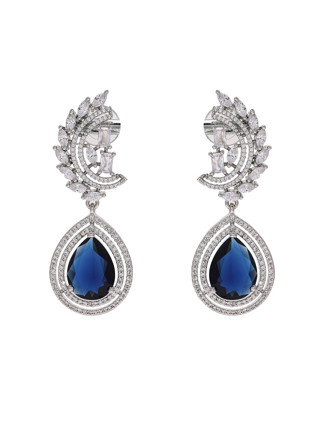Priyaasi Silver-Plated American Diamond and Stunning Blue Diamond Earrings