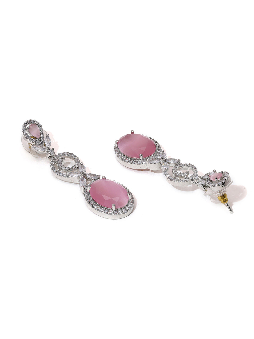 Priyaasi Unveiled Silver Plated American Diamond Earrings Adorned with Pink Stones
