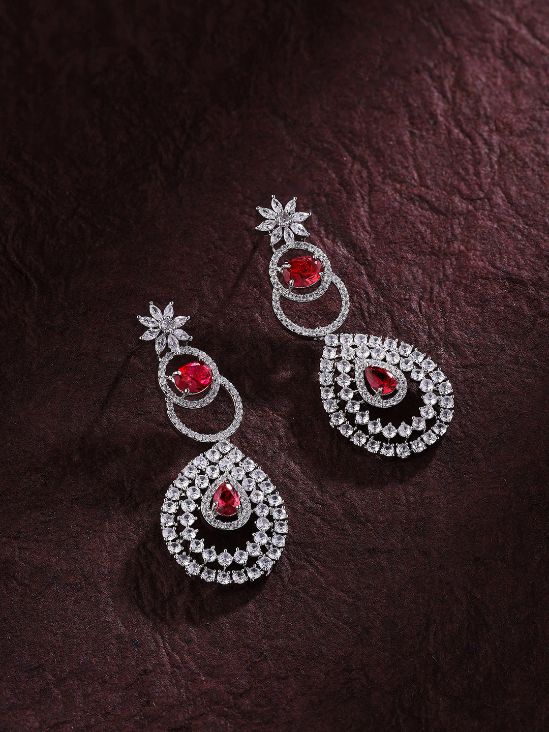Priyaasi Silver-Plated American Diamond and Ruby Stones Earrings Style