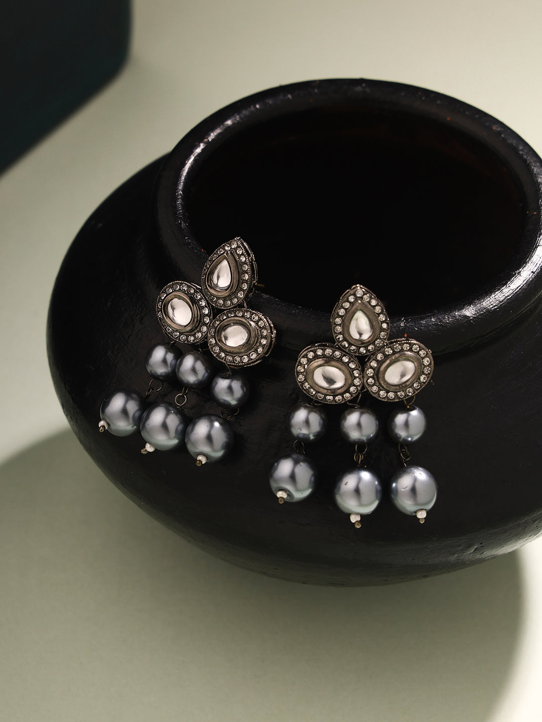 Priyaasi Elegance in Ebony Black Plated Kundan and Pearl Earrings