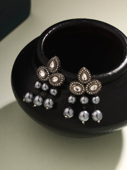 Priyaasi Elegance in Ebony Black Plated Kundan and Pearl Earrings