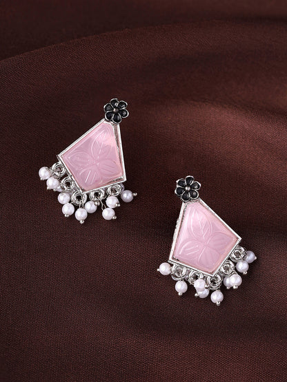 Priyaasi Blossoming Elegance Pink Stones and Floral Charm Drop Earrings