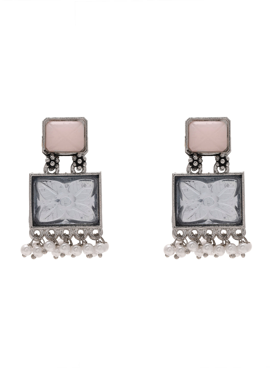 Priyaasi Rectangular Bliss with Pink and Green Stone Earrings