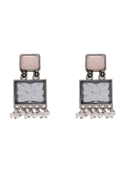 Priyaasi Rectangular Bliss with Pink and Green Stone Earrings