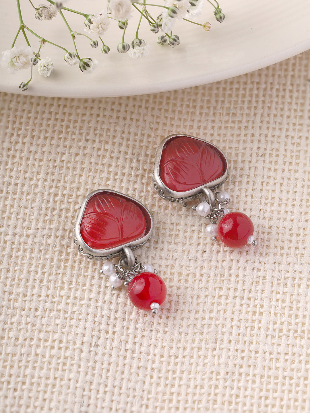 Priyaasi Ruby Stoned Floral Drop Earrings