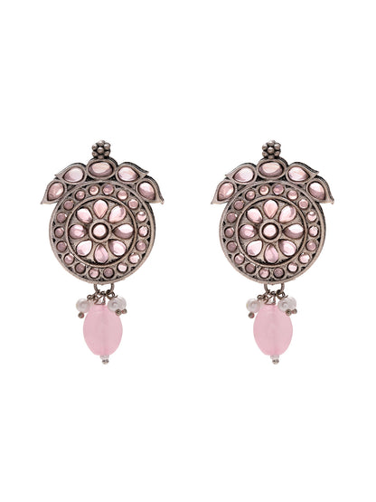 Priyaasi Light Pink Stones Oxidised Drop Earrings