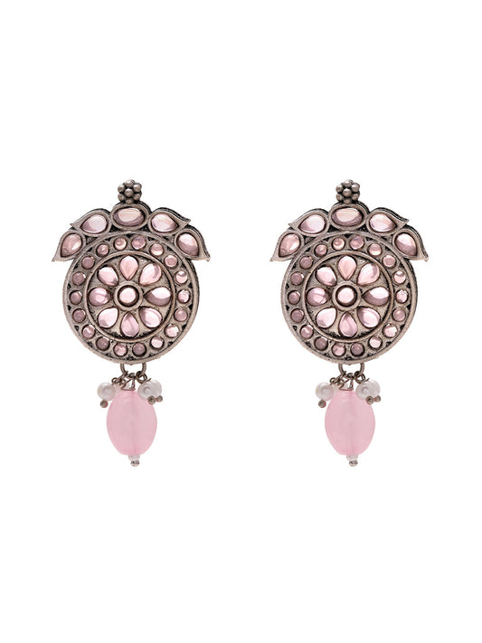 Priyaasi Light Pink Stones Oxidised Drop Earrings