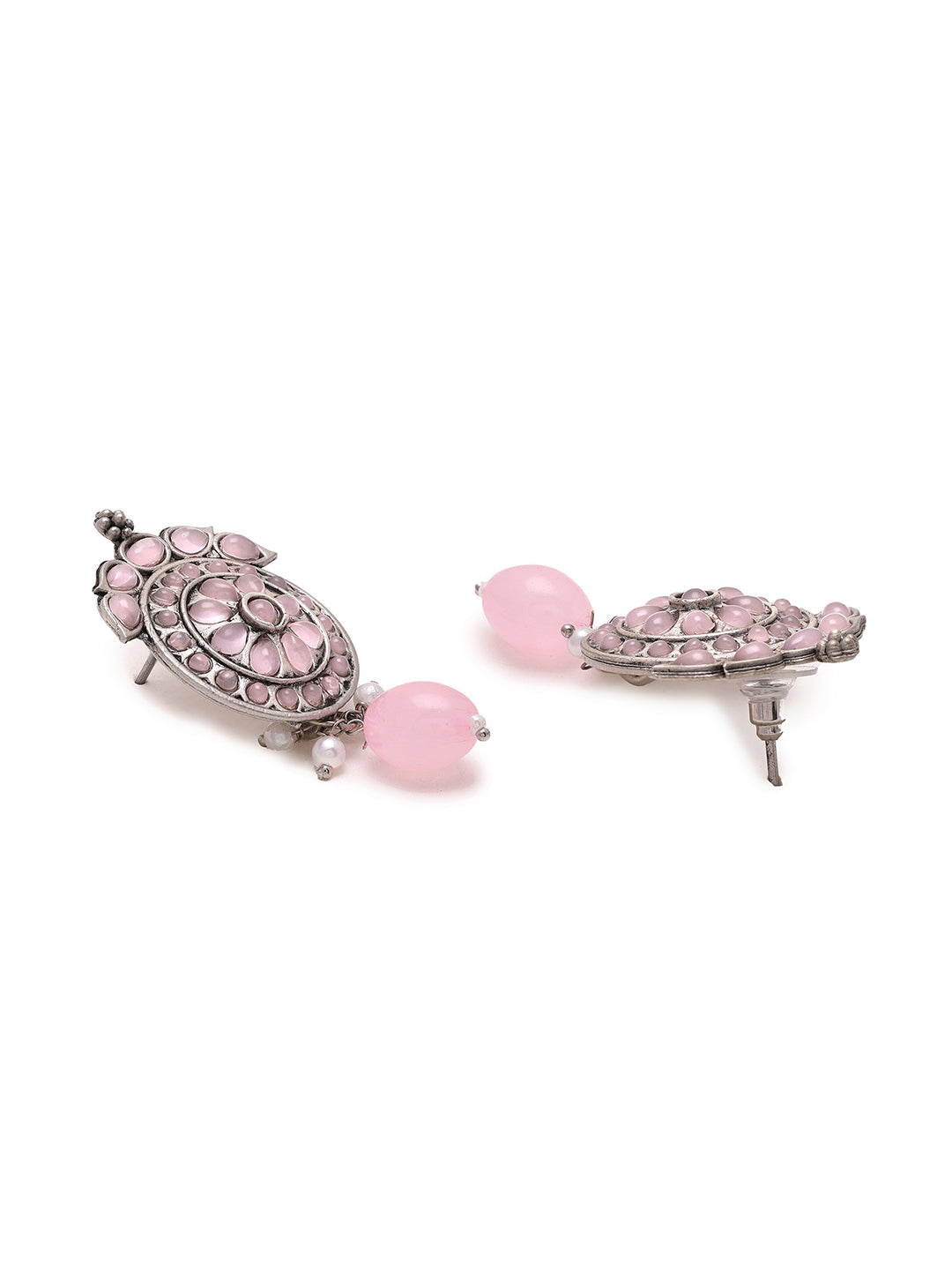 Priyaasi Light Pink Stones Oxidised Drop Earrings
