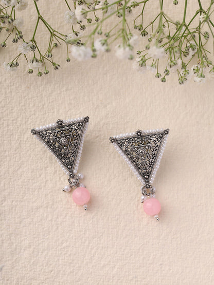 Priyaasi Triangle Shape Pink Bead Drop Earrings