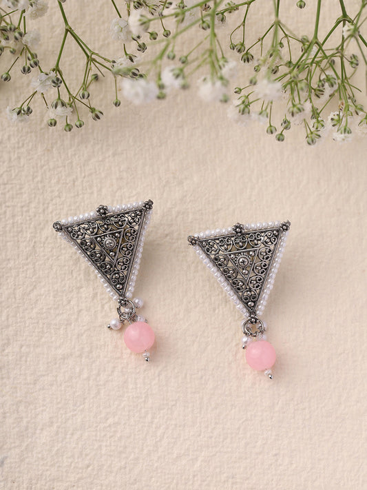 Priyaasi Triangle Shape Pink Bead Drop Earrings