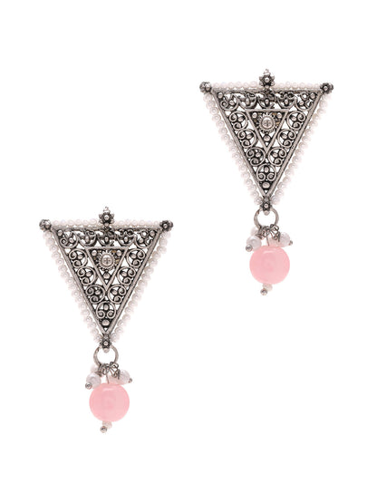 Priyaasi Triangle Shape Pink Bead Drop Earrings