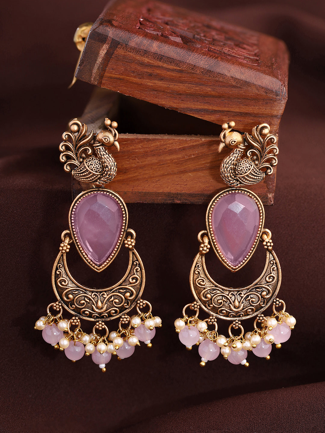 Priyaasi Pink Peacock Design Moon shape Earrings