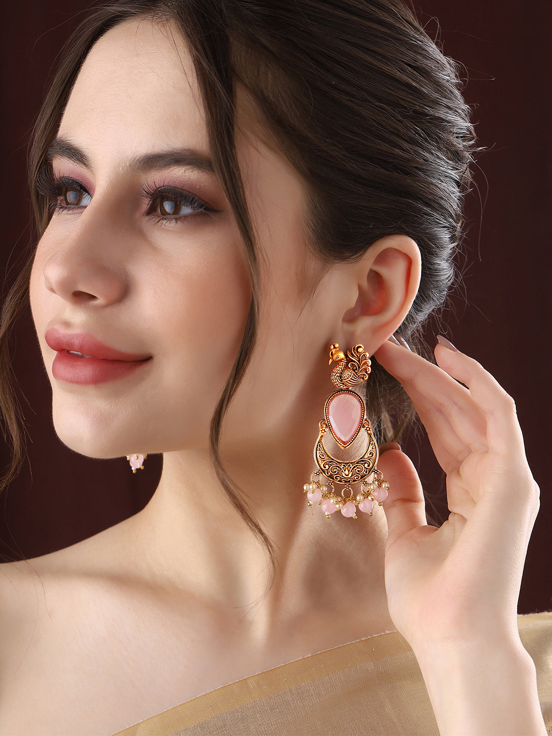 Priyaasi Pink Peacock Design Moon shape Earrings