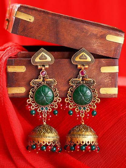 Priyaasi Peacock Design Rubygreen Jhumkis Gold Plated Earrings